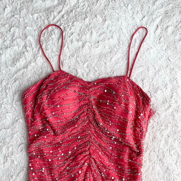 Scala prom dress coral pink 100% silk‎ ruffle hem slip gown beaded sequin formal - Picture 11 of 17